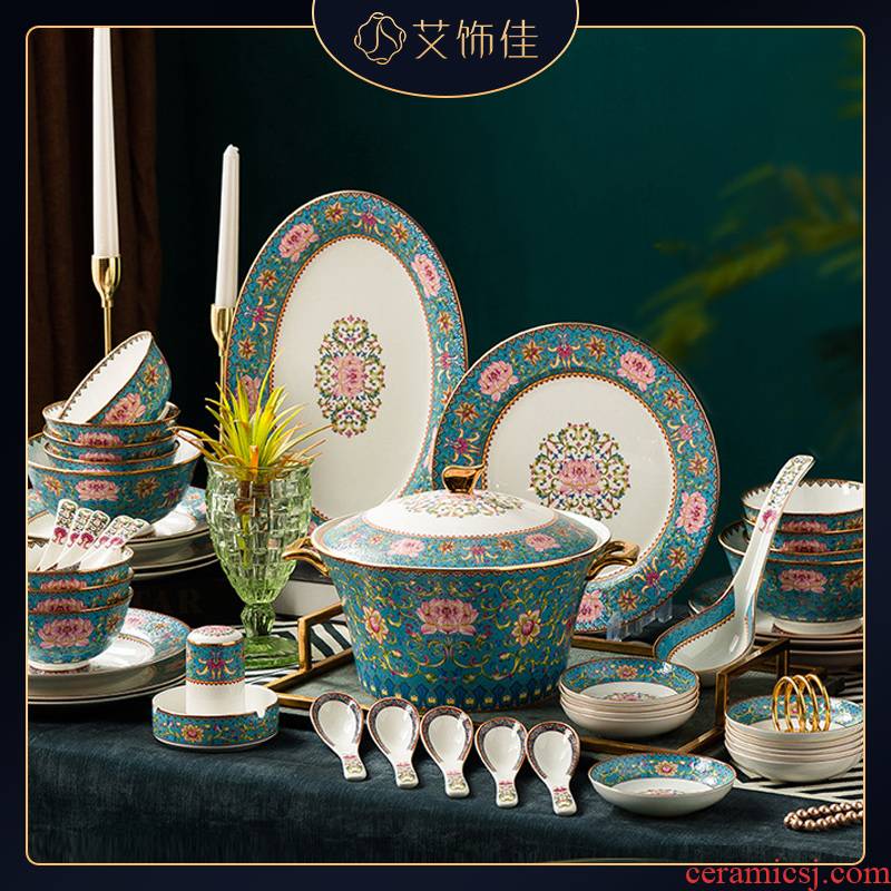 Jingdezhen ceramic bowl dish combination of household of Chinese style 58 head enamel Mosaic gold edge ipads porcelain tableware upscale gift company