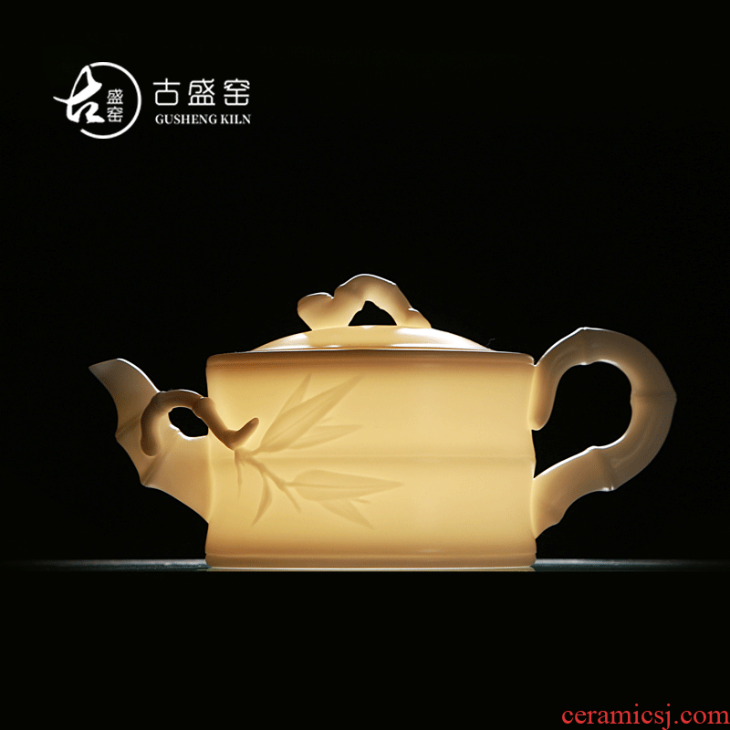 Ancient sheng up new white porcelain teapot checking bamboo without glaze, jade porcelain small single pot of household kung fu gift boxes