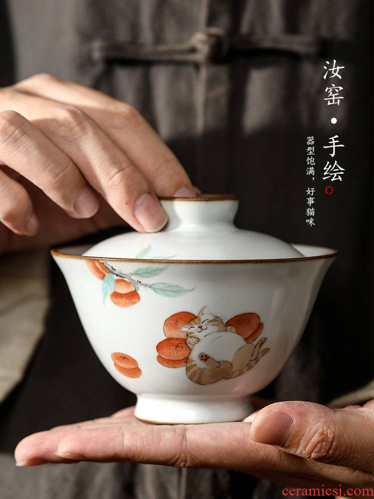 Jingdezhen hand - made the cat tureen tea cups hot large your up with pure manual proof bowl upset open tea set