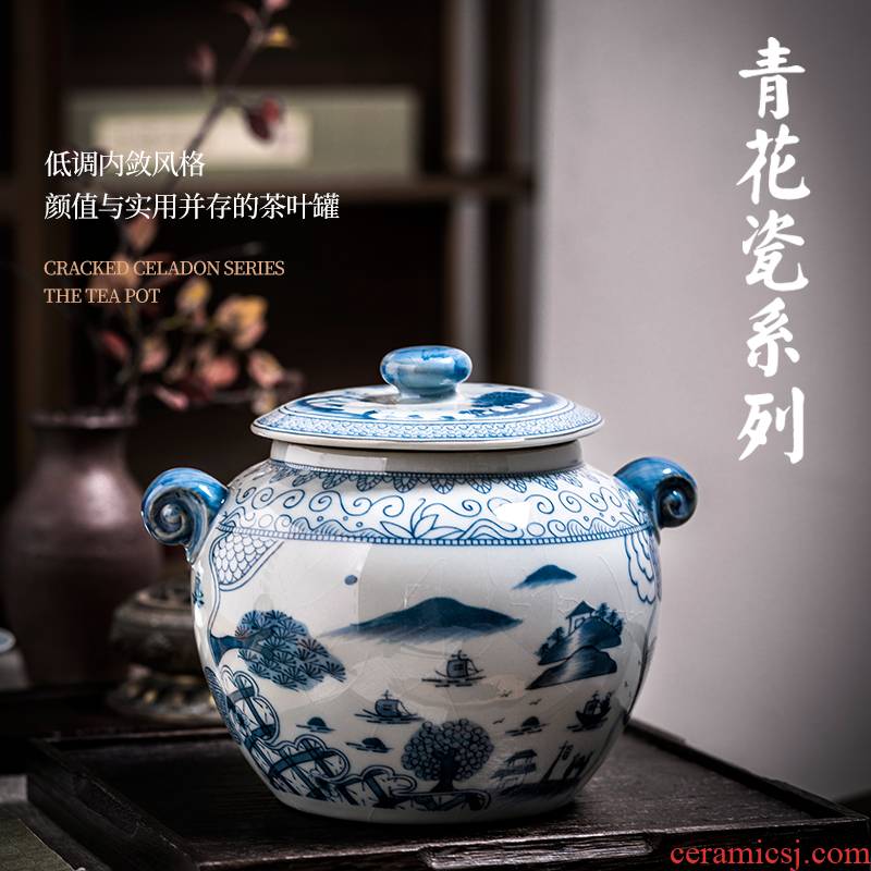 Jingdezhen ceramic tea pot seal pot of new Chinese style household she prevention of blue and white porcelain storage moistureproof furnishing articles large