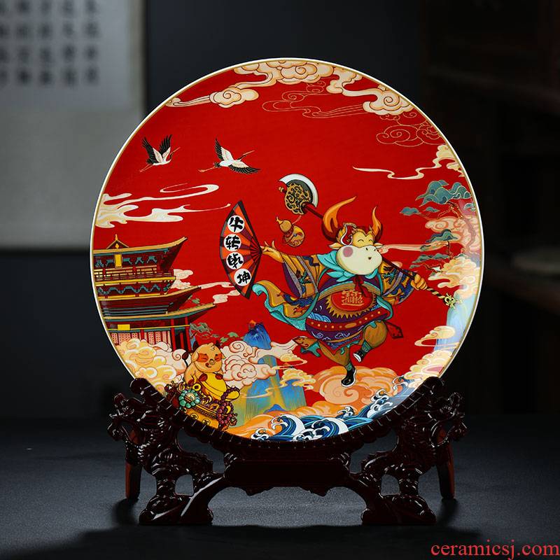 Jingdezhen ceramics NiuTu wring Chinese hang dish sat dish wine porch sitting room place decoration plate