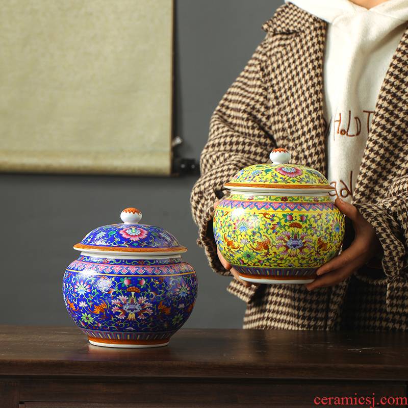 Jingdezhen ceramic hand - made pastel caddy fixings ceramic jar with cover household receives hand - made of pastel caddy fixings
