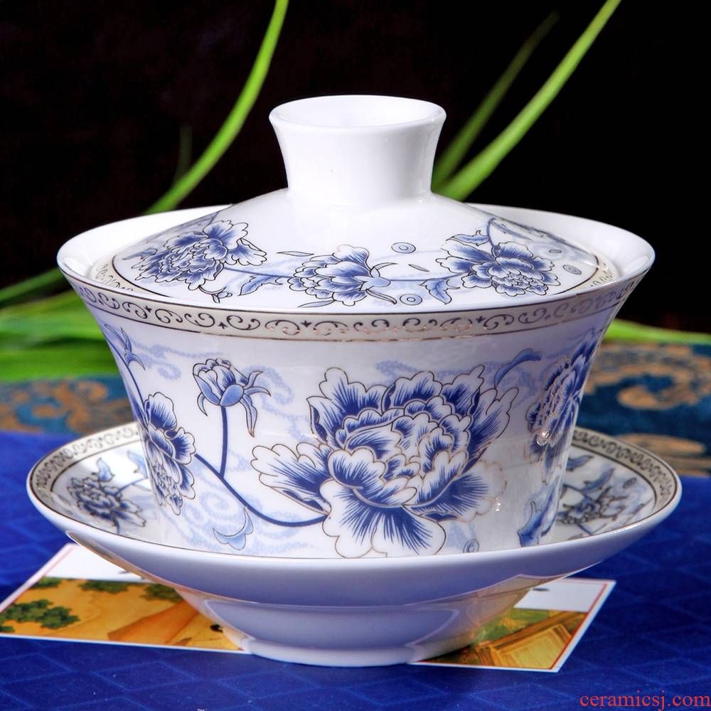 Qiao mu large blue and white only three bowls tureen birthday present worship sweet tea bowls and cups porcelain cover cup cup three mercifully 20