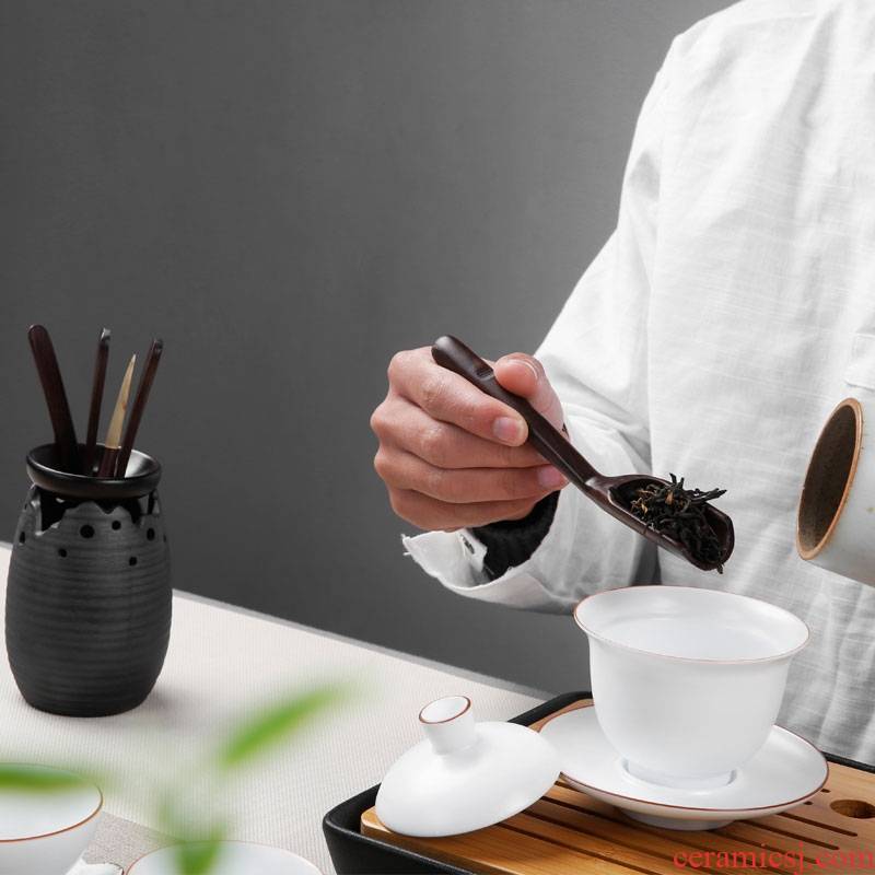 Qiao mu tea set tea six gentleman ebony wood coarse pottery kung fu tea tea tea tray accessories