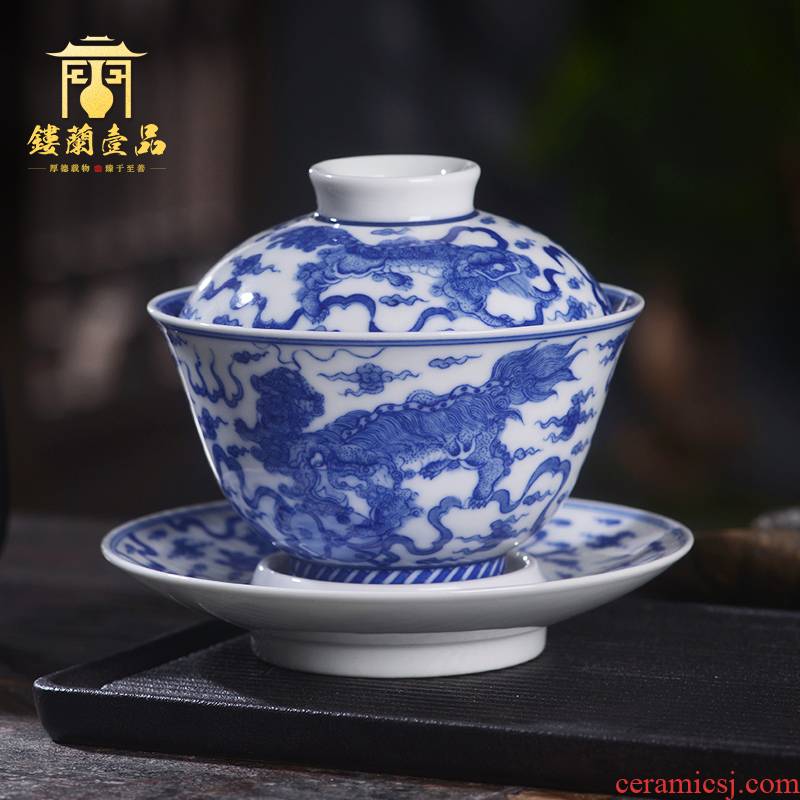 Arborist benevolence only blue and white, all the best three tureen jingdezhen ceramic hand - made kung fu tea bowl with cover a single