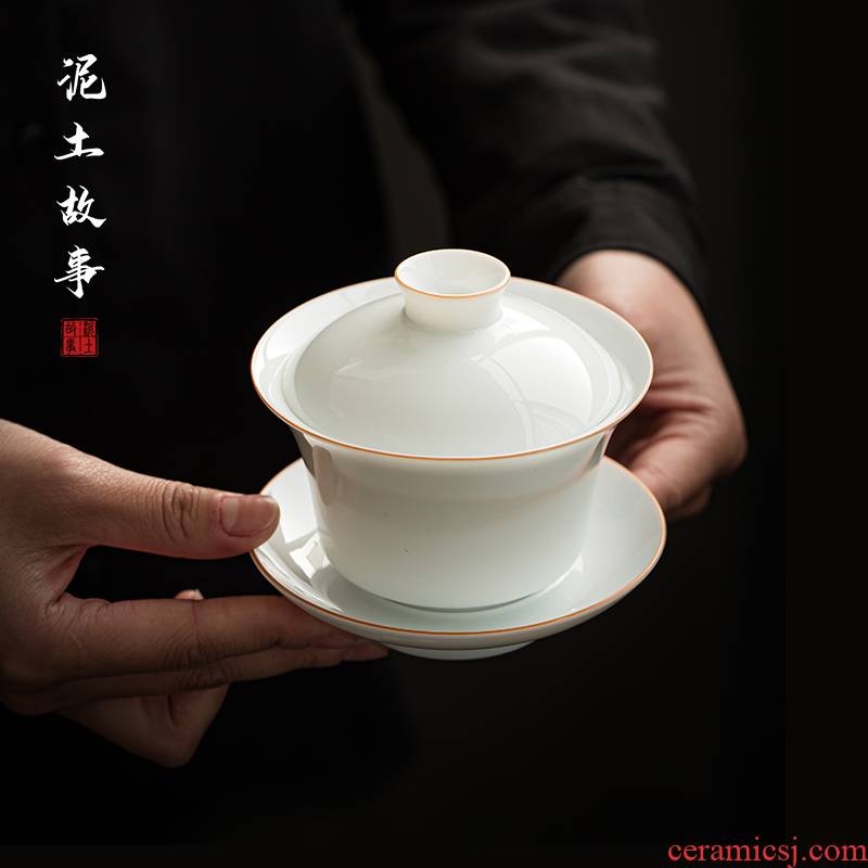 Suet jade dehua white porcelain checking tea tureen tea cups are not only three hot tureen individual kung fu tea set