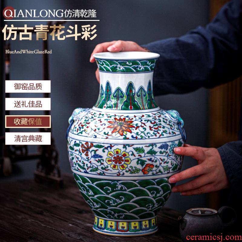 Jingdezhen ceramic vase furnishing articles antique Chinese blue and white color bucket flower arranging lucky bamboo rich ancient frame sitting room adornment