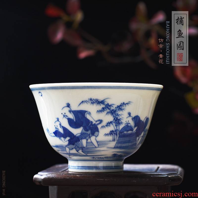 Hundred hong hand - made figure master cup single CPU jingdezhen blue and white porcelain fishing cup antique checking sample tea cup bowl