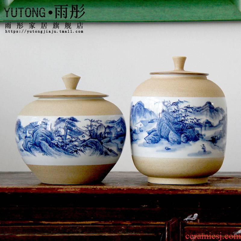 Blue and white porcelain of jingdezhen ceramic checking pottery hand - made porcelain clay landscape pot - bellied tea urn caddy fixings furnishing articles