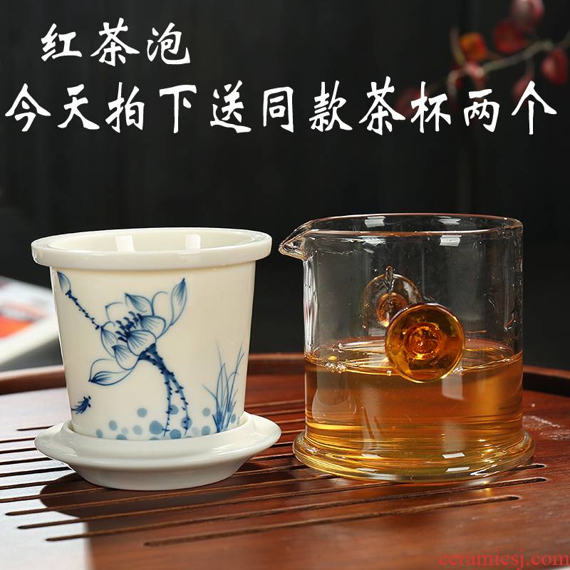 Hand - made ceramic inner glass tea set red cup ears cup hot tea filter remove the teapot blue and white porcelain