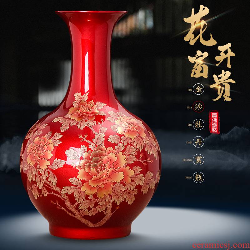 Jingdezhen ceramic crystal glaze furnishing articles sitting room Chinese red paint peony vases flower arranging Chinese style household ornaments