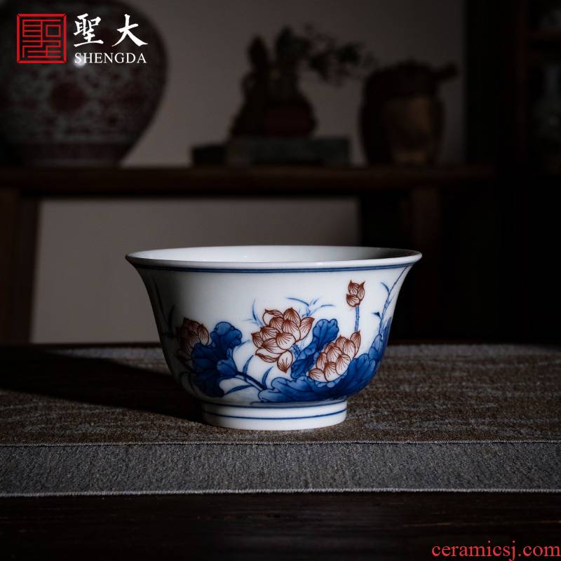 Holy big ceramic kung fu tea cup pure manual hand - made jingdezhen porcelain lotus pond red see colour classical masters cup sample tea cup