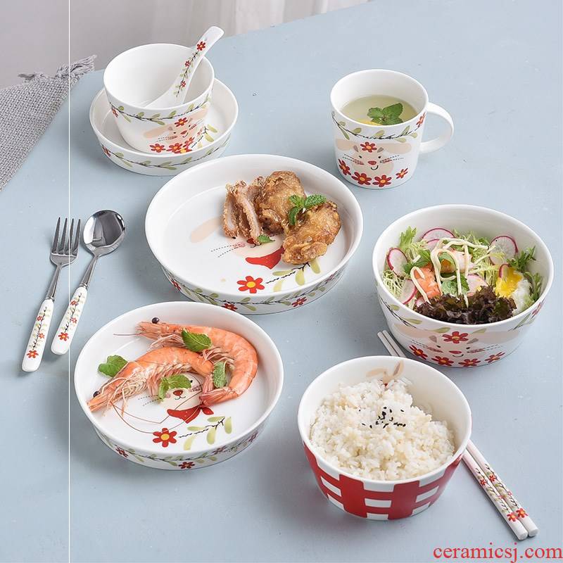 Express cartoon domestic rabbit Korean move ceramic bowl spoon, chopsticks tableware plate single bowl meal dish bowl