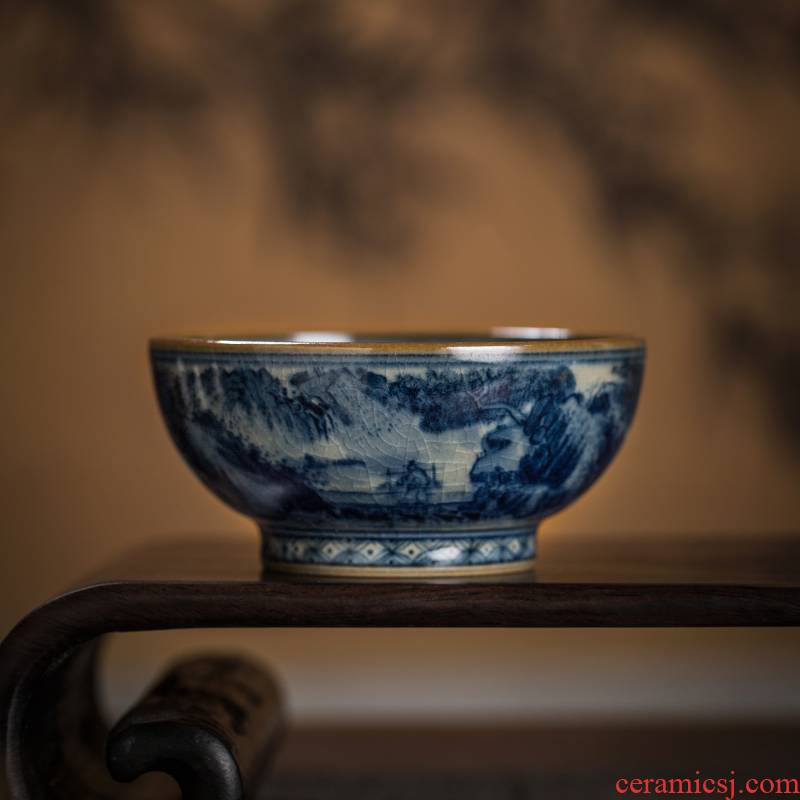 Owl up jingdezhen blue and white open tea clay piece of glaze manual hand - made scenery pu - erh tea cup of Chinese kung fu tea cups