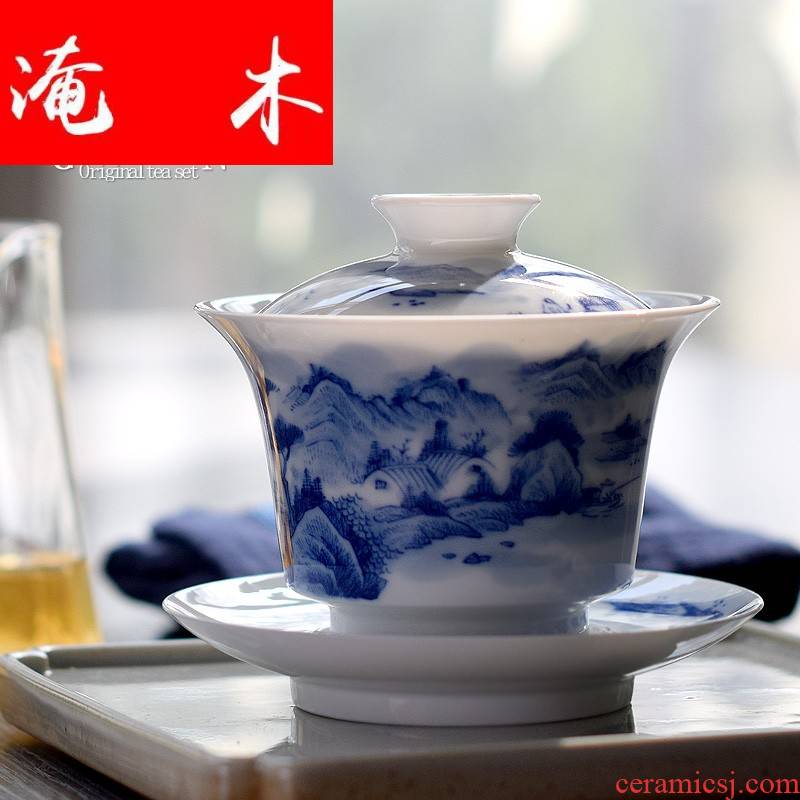 Submerged wood jingdezhen all hand tureen pure hand draw three cups to make tea bowl of blue and white porcelain landscape kung fu tea set