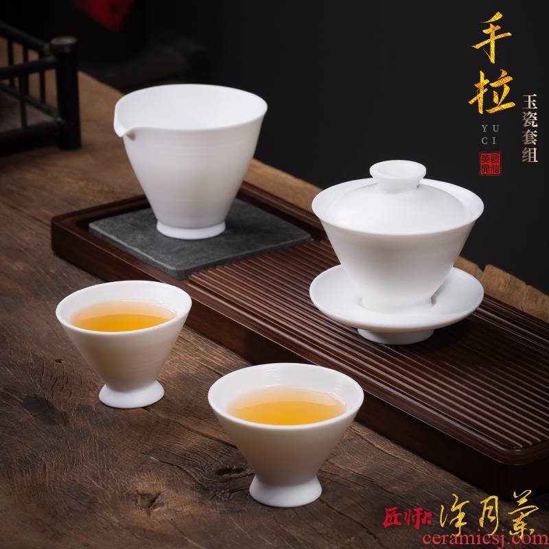 The Master artisan fairy Xu Yuelan dehua suet jade white porcelain tea set household pure manual kung fu tea tureen