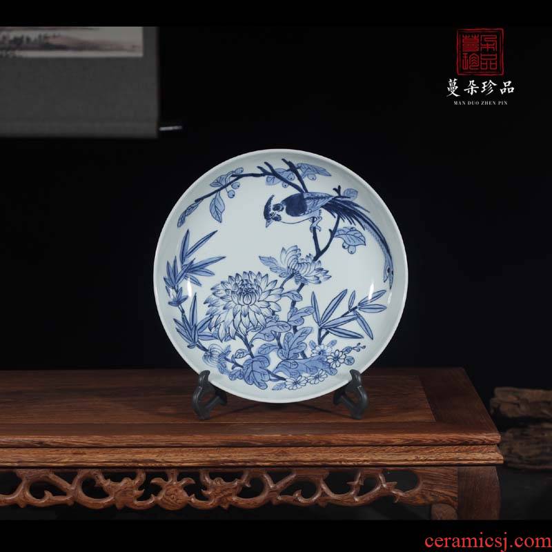 Hand - made of 30 cm of jingdezhen blue and white classic blue and white porcelain flower art classic study shelf furnishing articles
