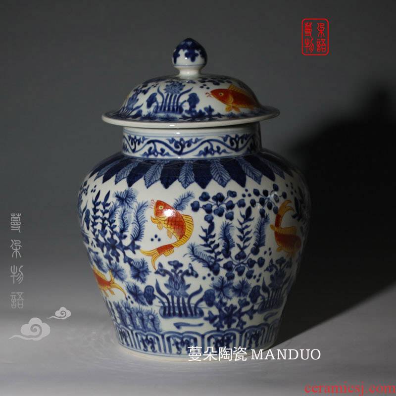 Jingdezhen porcelain red carp porcelain pot hand - made imitation Ming wanli royal porcelain pot fish algae lines