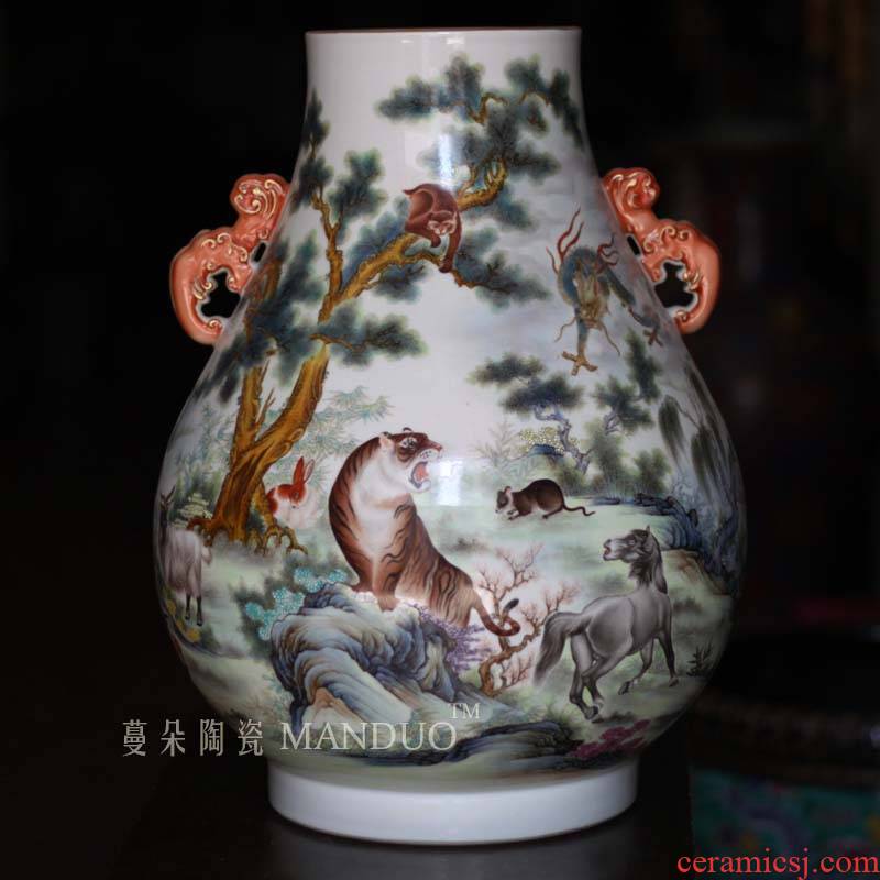 Qianlong official up enamel zodiac ears zun hand - made porcelain enamel contracted zodiac vase