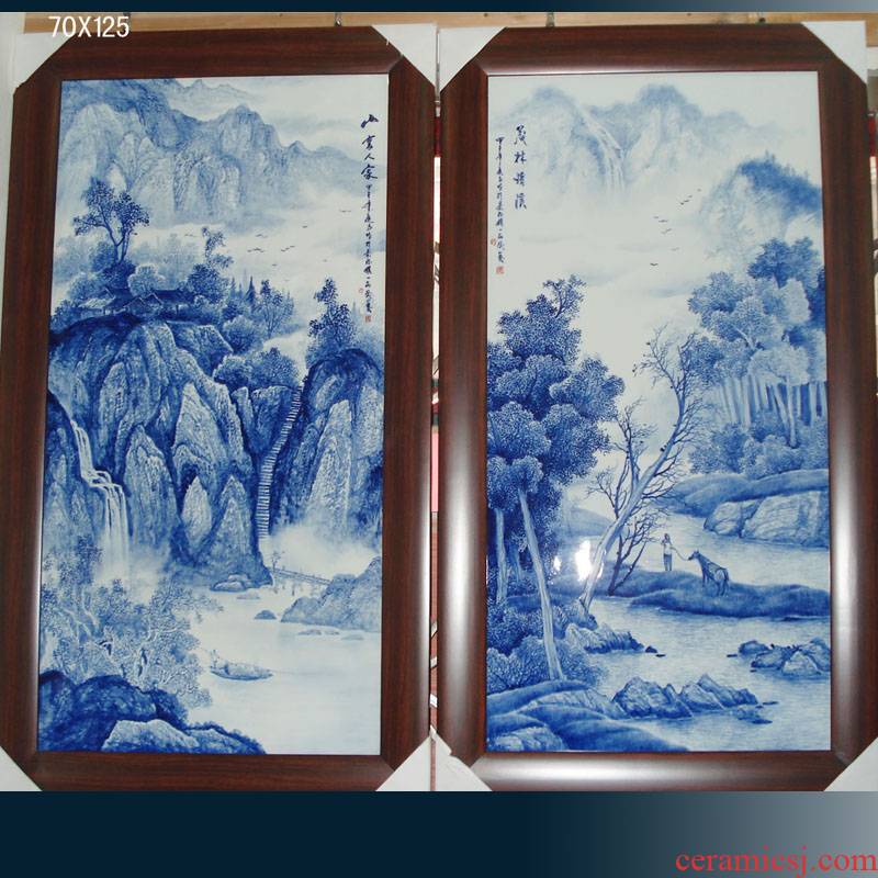 Jingdezhen hand - made scenery single porcelain plate painting landscape painting of flowers and a single pair of blue and white porcelain plate painting porcelain wall hanging