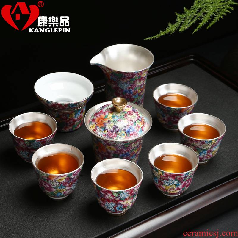 Recreational product ceramic 999 kunfu tea tasted silver tea set silver gilding manual bladder silver sample tea cup home