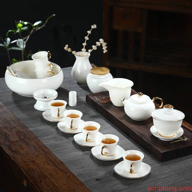 Suet jade porcelain kung fu tea set suit household white porcelain cup sample tea cup hot tureen teapot proof of a complete set of gift boxes