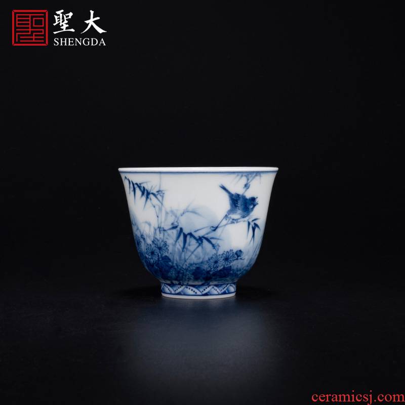 Holy big blue - and - white porcelain ", "bamboo finch figure" master cup sample tea cup all hand jingdezhen tea cup
