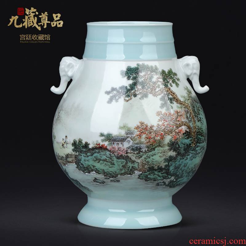 The Master of jingdezhen ceramic celadon hand - made pastel landscape vase Chinese sitting room porch rich ancient frame decorative furnishing articles