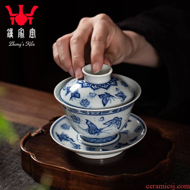 Three to clock home up tureen tureen jingdezhen porcelain ceramic cups butterfly high - end tea tureen large cups