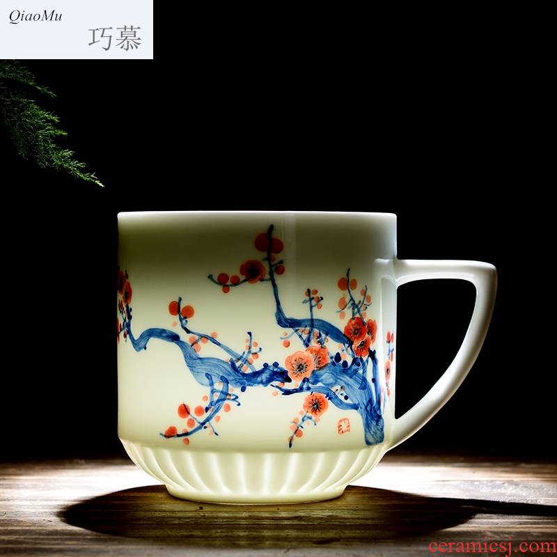 Qiao mu jingdezhen ceramic cups with cover household glair office gift fuwa glass tea cup blue and white tea