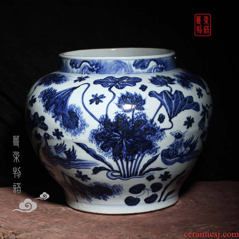 Jingdezhen hand - made generic POTS lotus yuanyang fish yuan blue and white porcelain vase peony design and color large pot of yuan dynasty