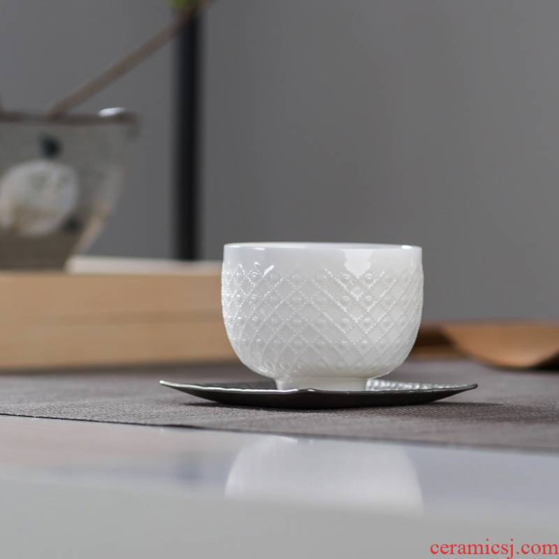 Qiao mu dehua white porcelain tea set jade porcelain ceramic decorative pattern stereo embossed cups single CPU master CPU