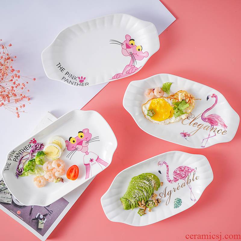 Web celebrity Nordic pink panther ceramic large rectangular fish dishes steamed fish grilled fish dish plate microwave tableware