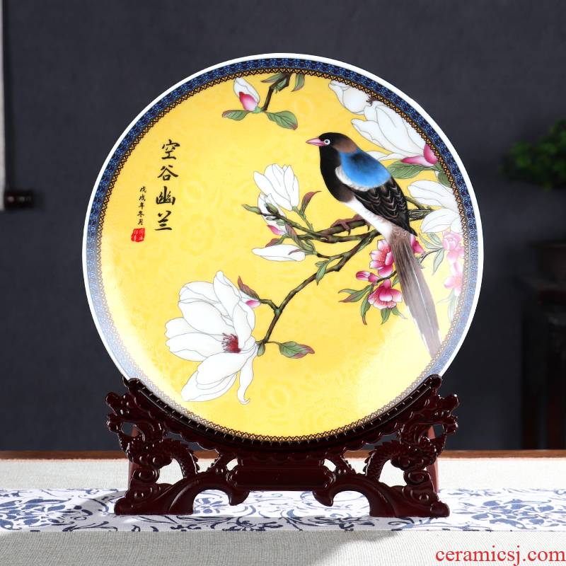 New ceramic decoration plate painting of flowers and rich ancient frame wine cabinet office furnishing articles household living room New Chinese arts and crafts