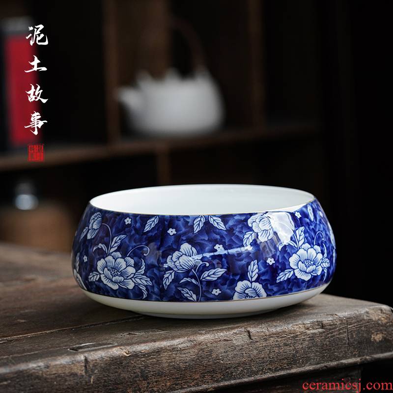 Large washing cylinder hand - made ceramic of blue and white porcelain tea in hot water bucket to build water kung fu tea tea cups to wash water jar