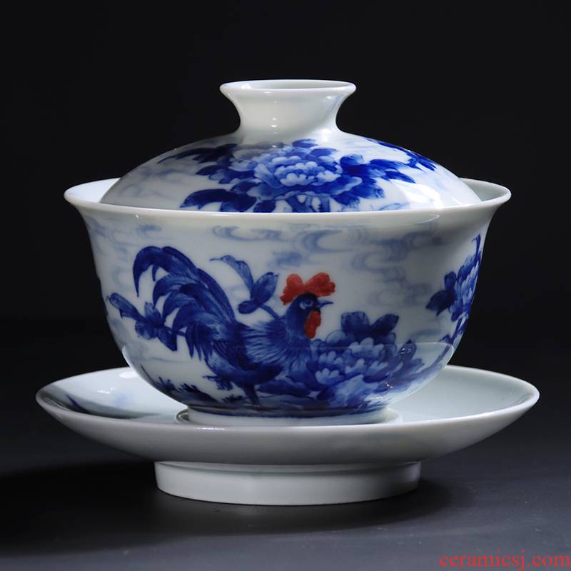 Checking out ceramic only three tureen tea bowl of jingdezhen blue and white youligong rooster tureen hand - made teacup tea set