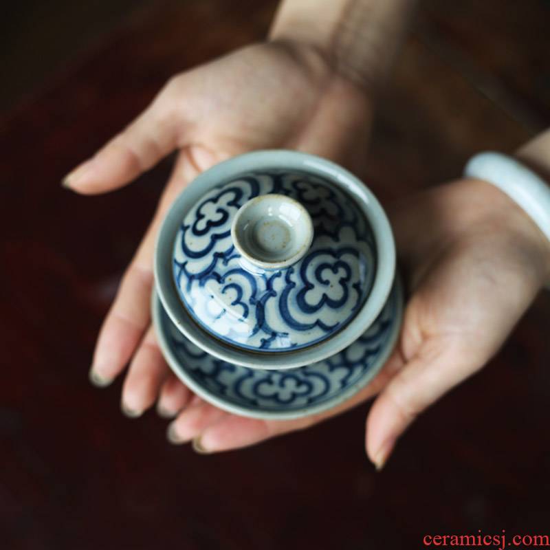 Submerged wood jingdezhen blue and white Chinese manual coarse pottery tureen hand - made ceramic tea set tea bowl only three tureen restoring ancient ways