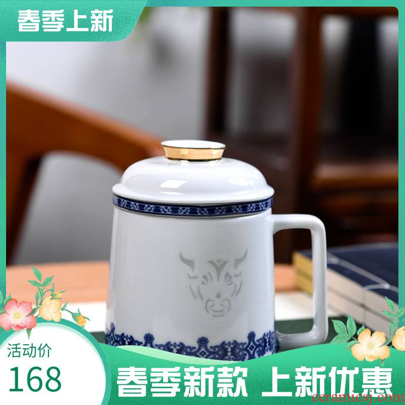 Jingdezhen blue and white jade BaiLingLong ceramics the year of the ox porcelain cup with cover large capacity filter office cup delicate custom