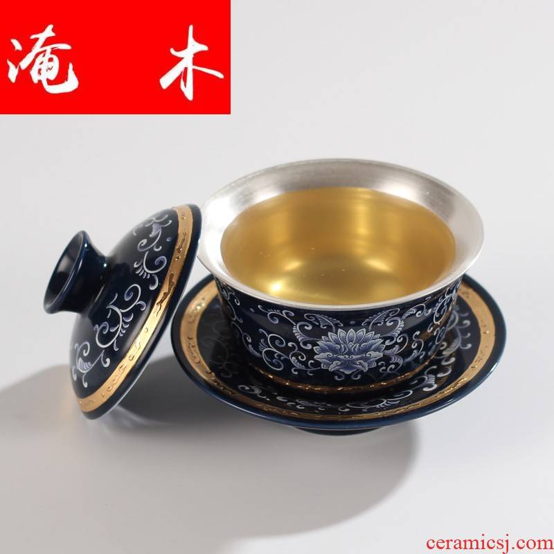Submerged wood silver tureen coppering. As 999 silver kung fu tea set jingdezhen porcelain ceramic cups household Jin Sancai with silver