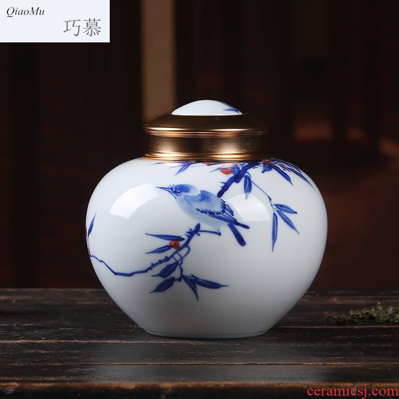 Qiao mu seal caddy fixings pure hand - made porcelain of jingdezhen ceramic half jins of puer tea, green tea store receives the gift
