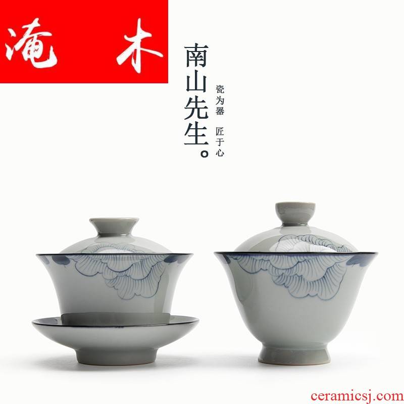 Submerged wood | hand - made lotus blue and white tea cup tureen archaize ceramic tea set three bowl of tea by hand to use