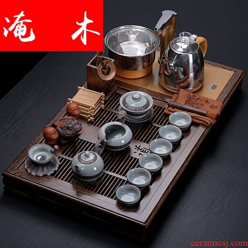 Flood automatic four unity wenge wood tea tray was whole tea table set ceramic purple celadon kung fu tea set