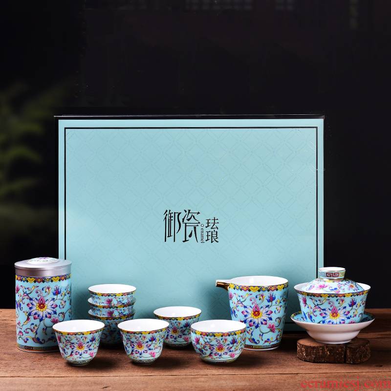 Jingdezhen ceramic colored enamel kung fu tea set domestic high - grade Chinese three tureen master cup tea cup