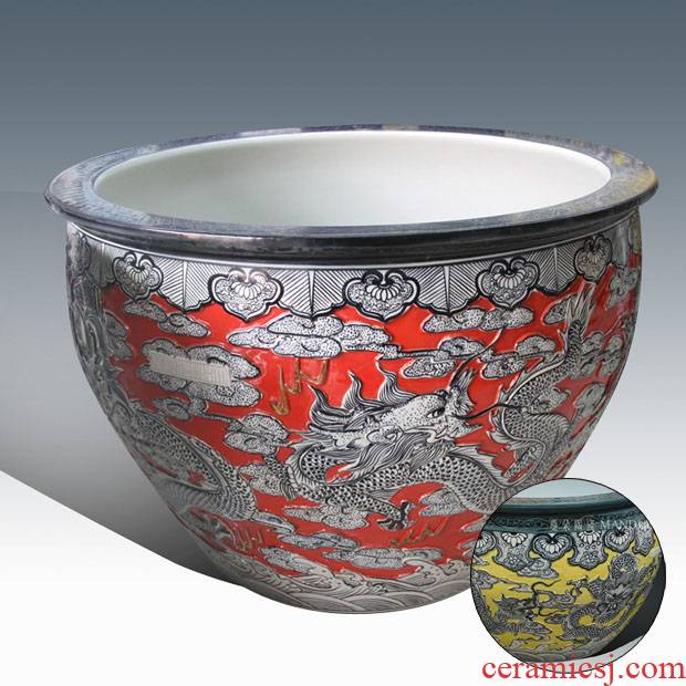 Jingdezhen, 65, 80, 90 large diameter end of red and yellow porcelain carved dragon dragon carving large cylinder