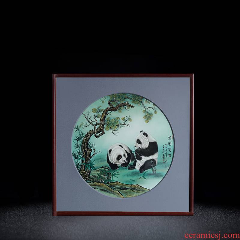 Jingdezhen porcelain plate painting panda rectangular solid wooden frame, hang a picture to the sitting room sofa study porch decoration in the background