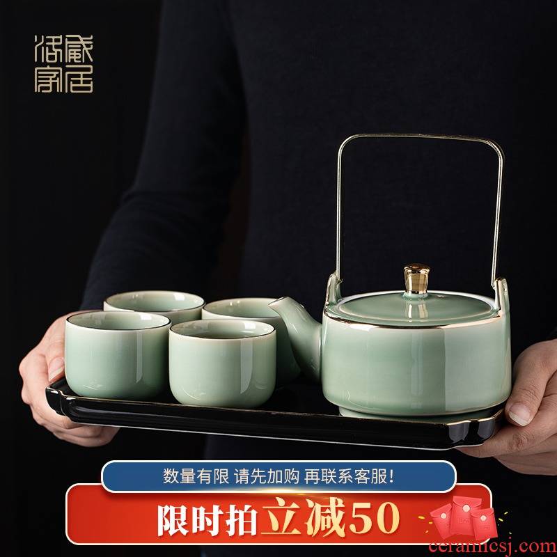 In 2021 the new celadon girder teapot trumpet contracted kung fu tea set a complete set of tea cups the teapot