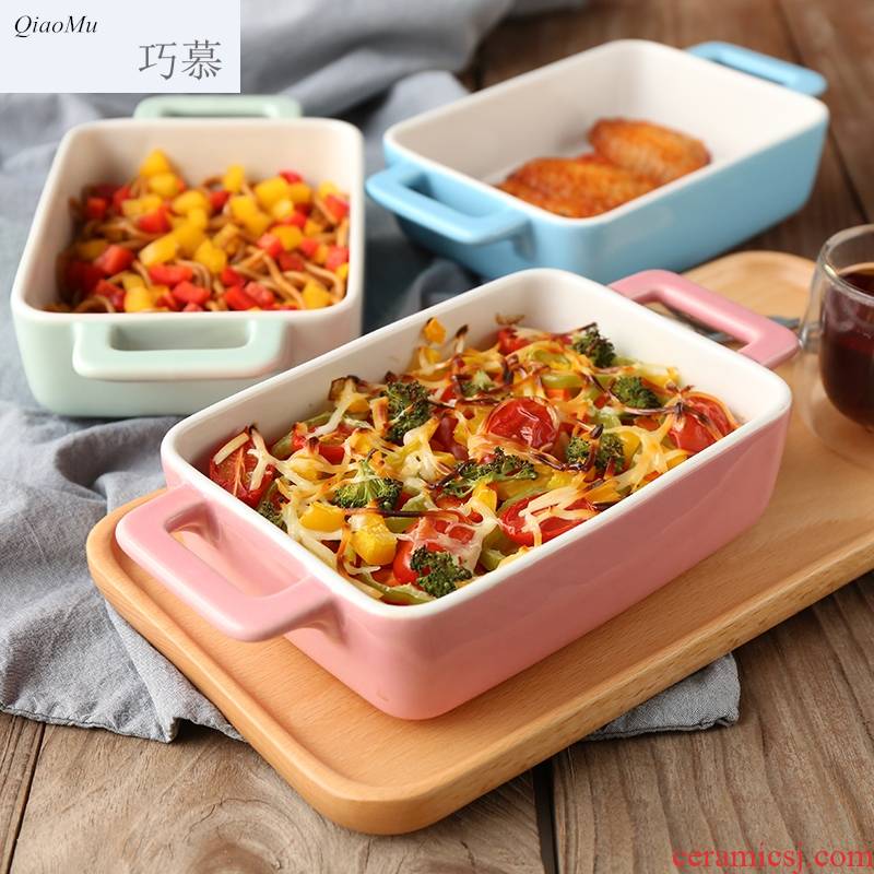 Qiao mu candy color ceramic ears rectangle baking bowl baking pan baked FanPan pasta dish oven tray