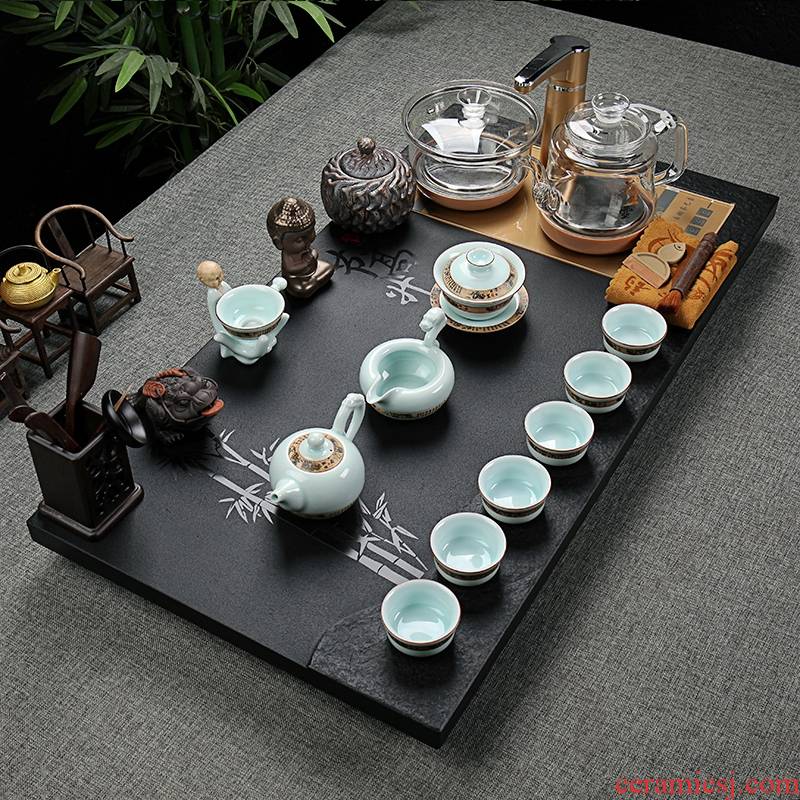 Qiao longed for a whole set of kung fu tea sets sharply stone tea tray tea set ceramic purple sand tea set automatic contracted household