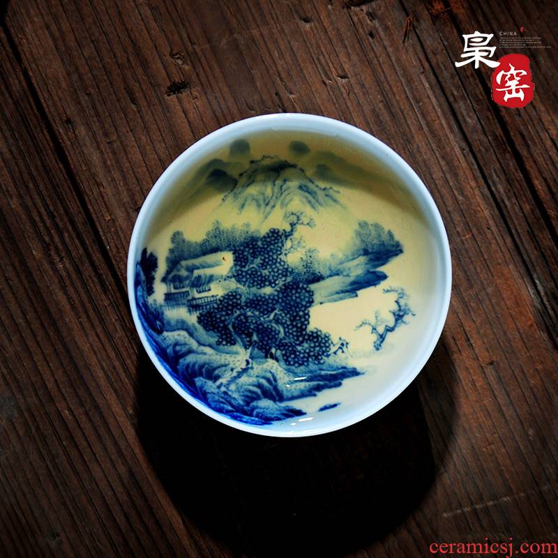 Jingdezhen ceramic sample tea cup single CPU hand - made pastel blue and white master kung fu tea cup painting of landscape of individual cup