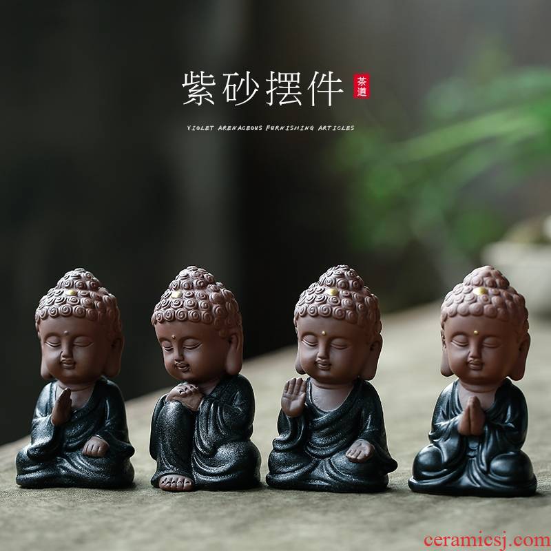 Qiao mu purple sand tea pet home decoration furnishing articles of Buddha young monk monk, black pottery ceramic tea pets to play with cars